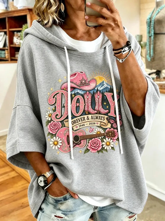 Women's commemorative printed round neck hooded sweatshirt