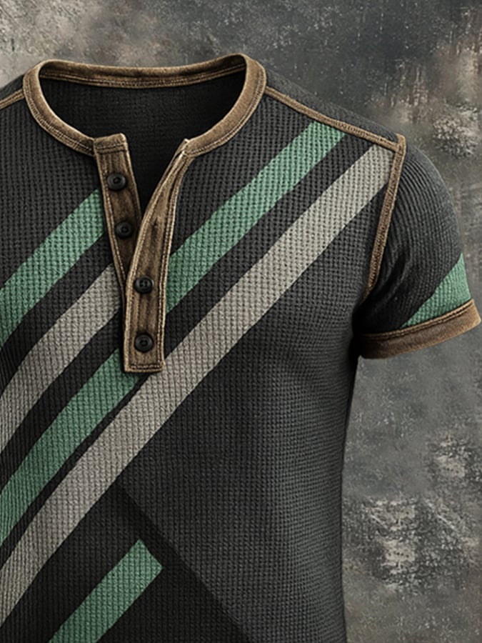 Men's Waffle Diamond Colorblock Casual Henley Short Sleeve T-Shirt