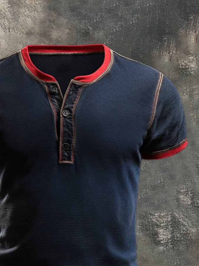 Men's casual retro wash colorblock Henley T-shirt