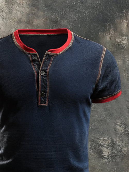 Men's casual retro wash colorblock Henley T-shirt