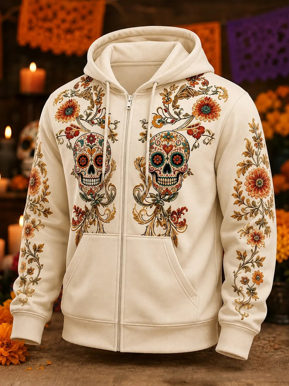 Men's Day Of The Dead Dual Skull Vine Floral Print Zipper Hoodies