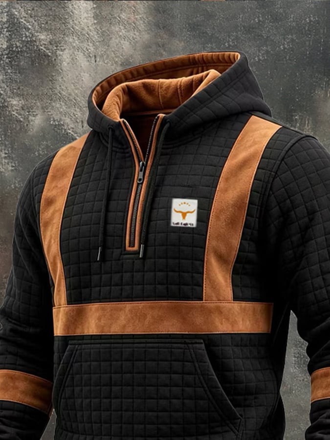 Men's Retro Textured Small-Check Suede-Panel Hoodie
