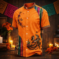 Men's Dancing Skeleton Lovers And Colorful Blooms Day of the Dead Print Stand Collar Short Sleeve Shirt