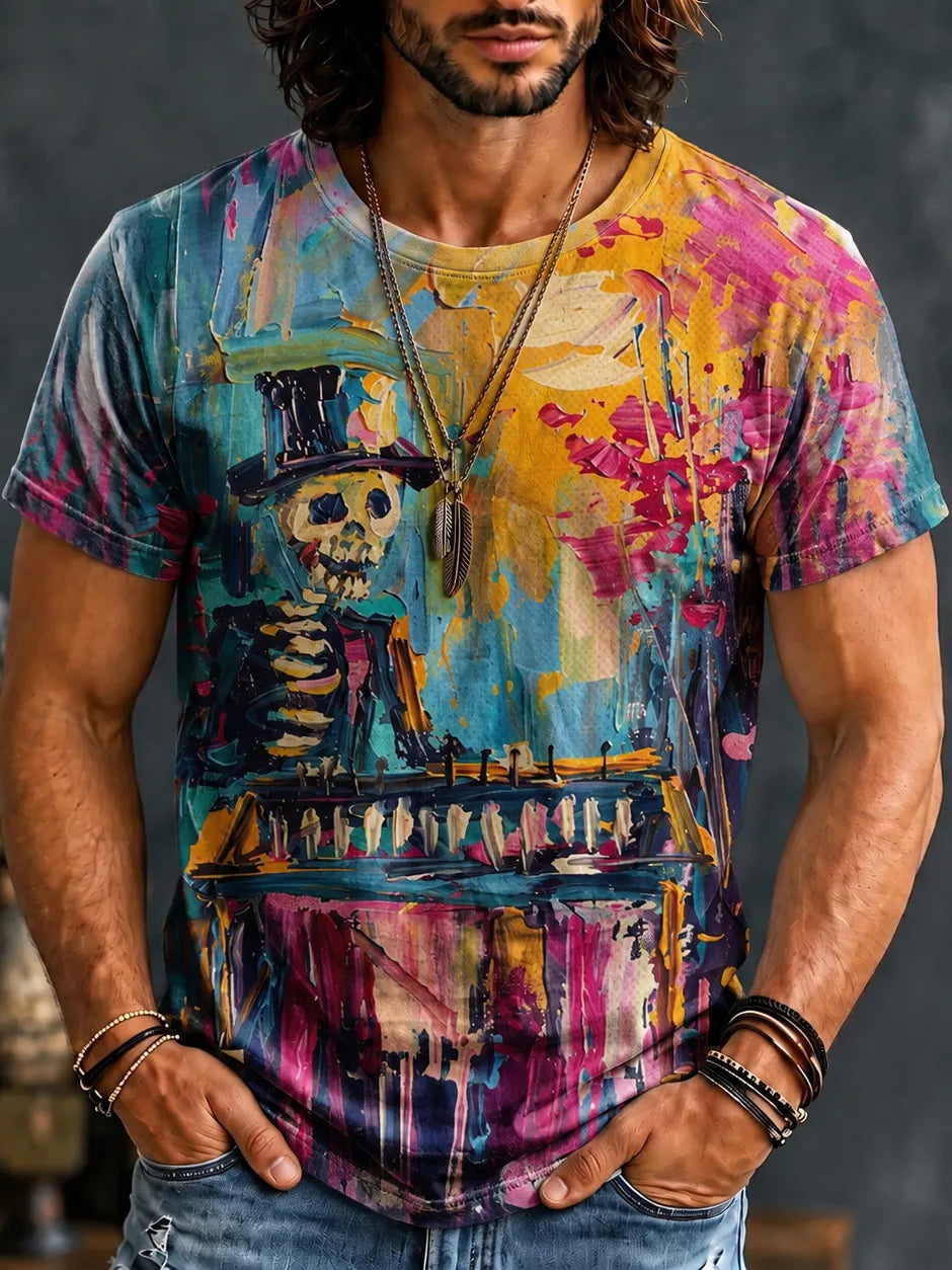 Men's Halloween Oil Painting Skeleton Art Print Crew Neck Short Sleeve T-shirt