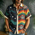 Men's Retro Reggae Wave and Star Peace Sign Print Short Sleeve Buttons Shirt