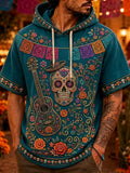 Men's Day Of The Dead Sugar‐Skull Guitar Bunting Floral Print Hooded T-Shirt