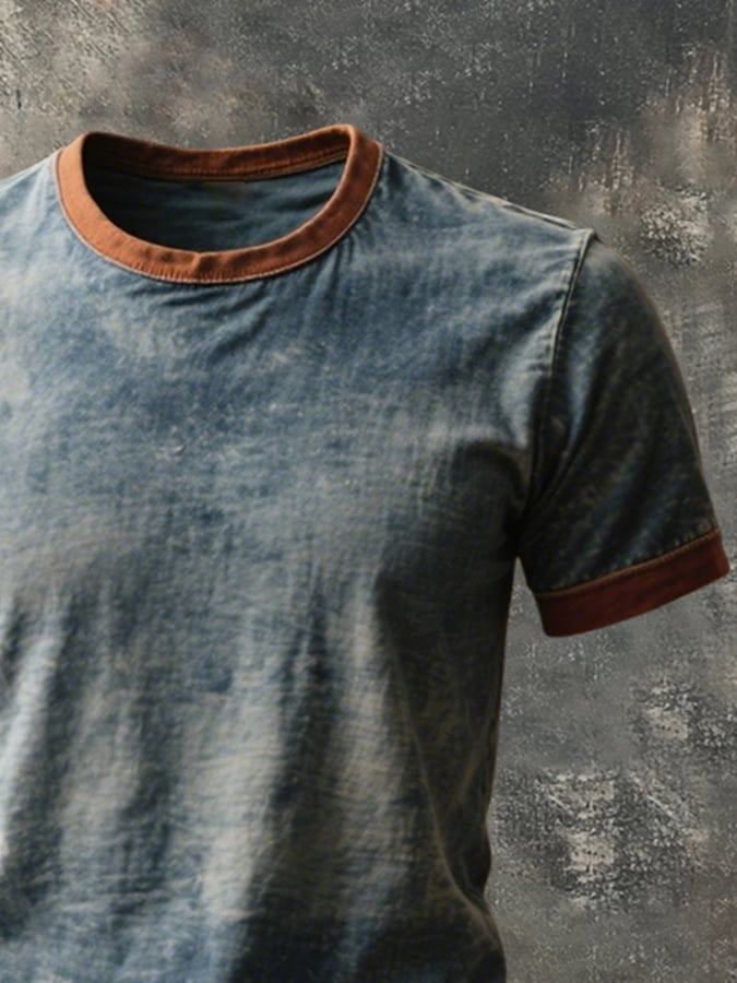 Men's retro style color block t-shirt with round neck and short sleeves