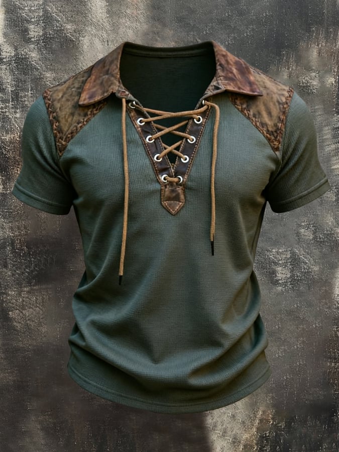 Men'S Retro Color-Block Short-Sleeve T-Shirt With Contrast Leather Paneling And Lace-Up Detail