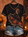 Women's Day Of The Dead Vintage Floral and Skeleton Girl Print V Neck Raglan T-Shirt
