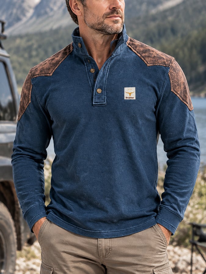 Men's Retro Faux Suede Panel Henley T-Shirt