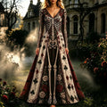 Women's Retro Halloween Gothic Skeleton Floral Pattern Print V-neck Maxi Dress
