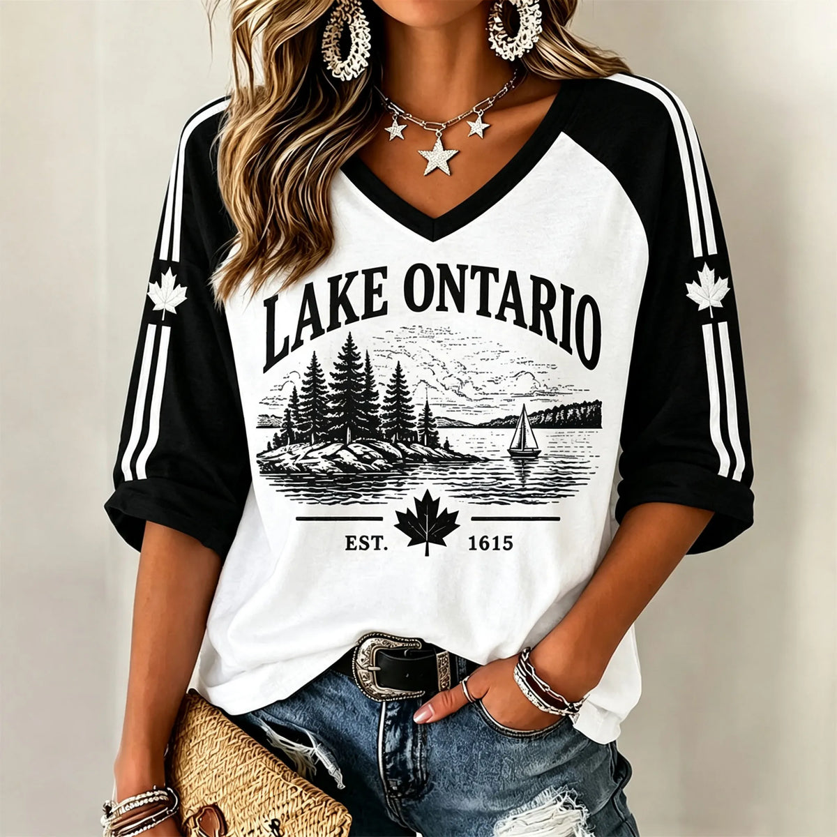 Women's Lake Ontario Pattern Print Raglan Sleeve Short Sleeve T-shirt