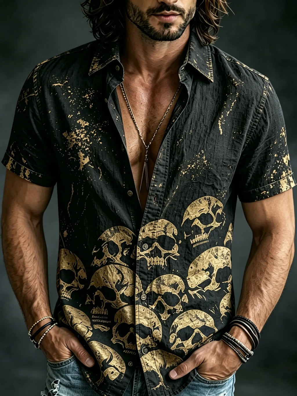 Men's Retro Skull Print Short-sleeve Shirt