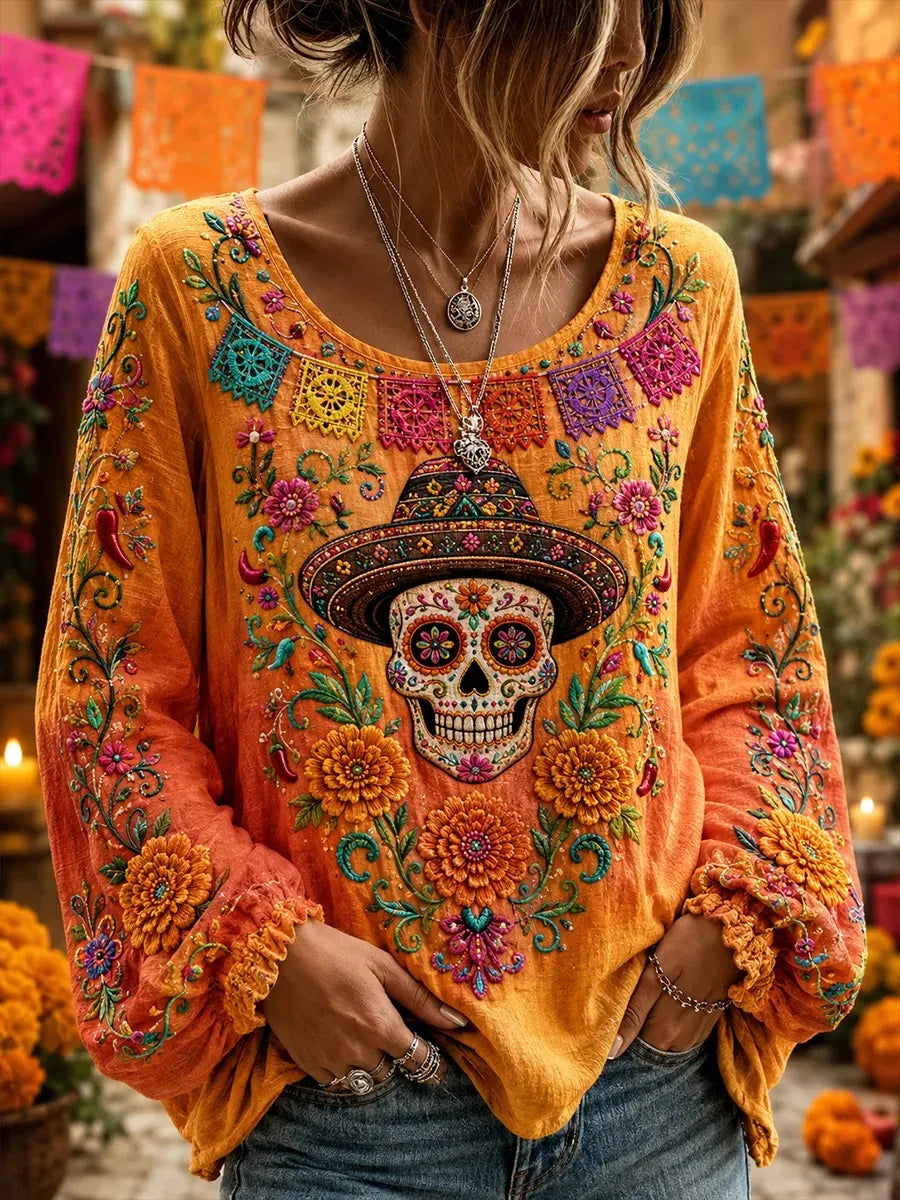 Women's Day Of The Dead Plant Flower And Skull Pattern Print Lantern Sleeve Top