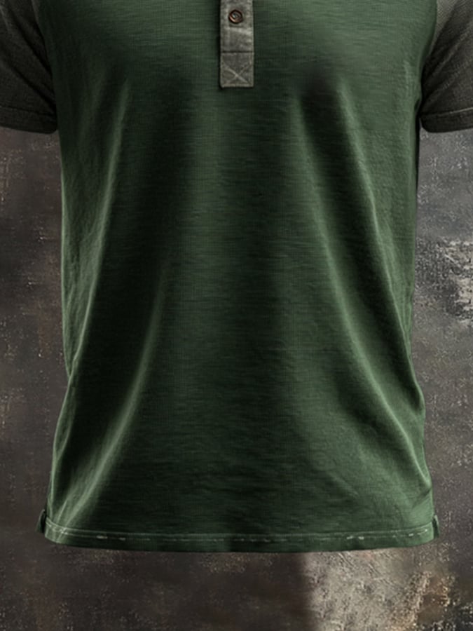 Men's casual retro wash colorblock Henley T-shirt