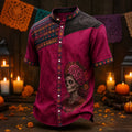 Men's Magenta Floral Calavera Maiden Portrait Day of the Dead Print Stand Collar Short Sleeve Shirt