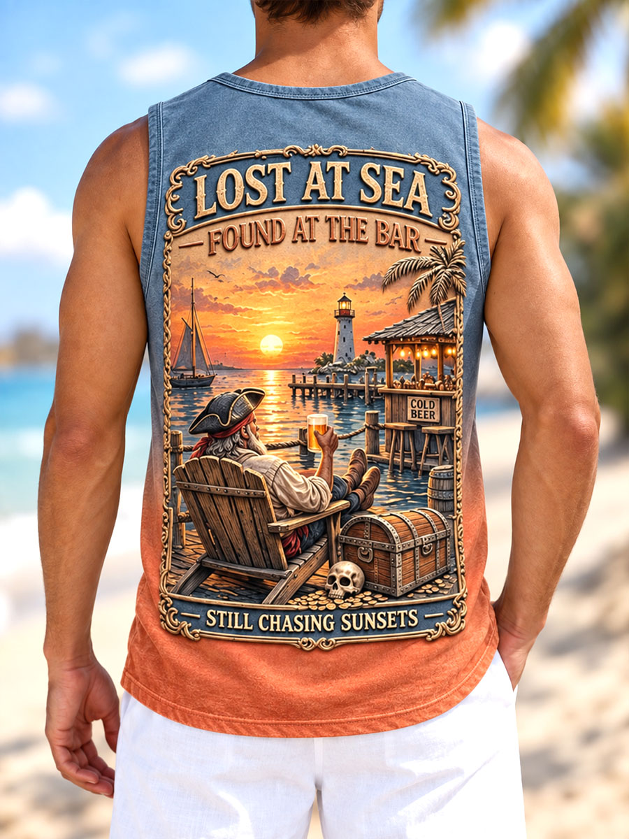 Lost at Sea, Found at the Bar Pirate Sunset Lace-Up Sleeveless Tank Top