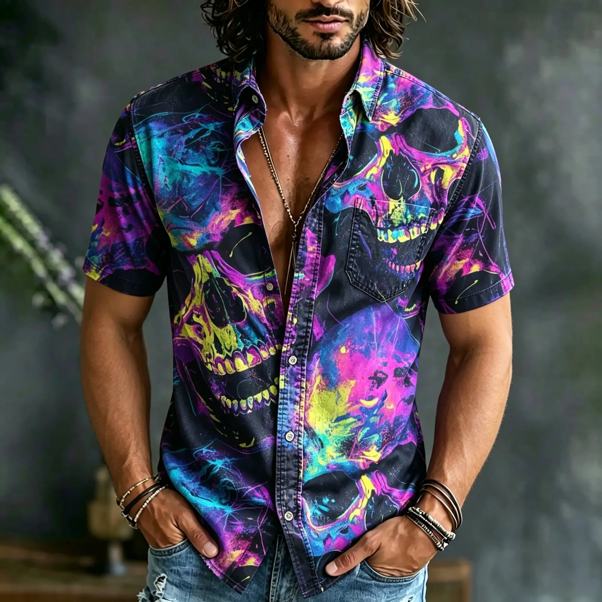 Men's Retro Halloween Skull Print Casual Shirt