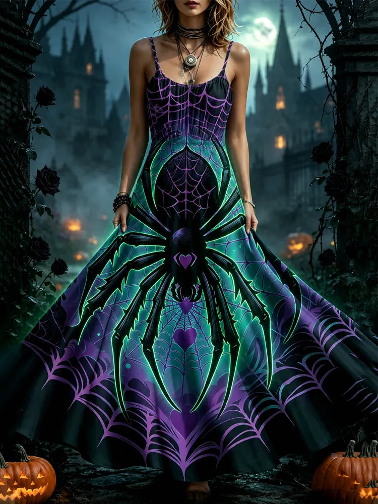 Women's Long Dress With Green And Purple Spider Web And Spider For Halloween