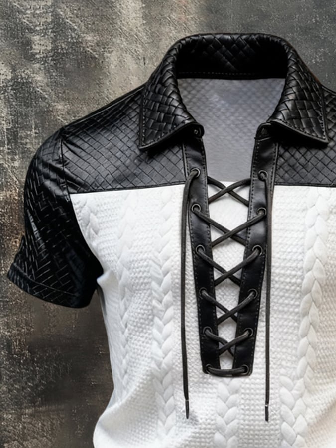 Men'S Retro Color-Block Short-Sleeve T-Shirt With Contrast Leather Paneling And Lace-Up Detail