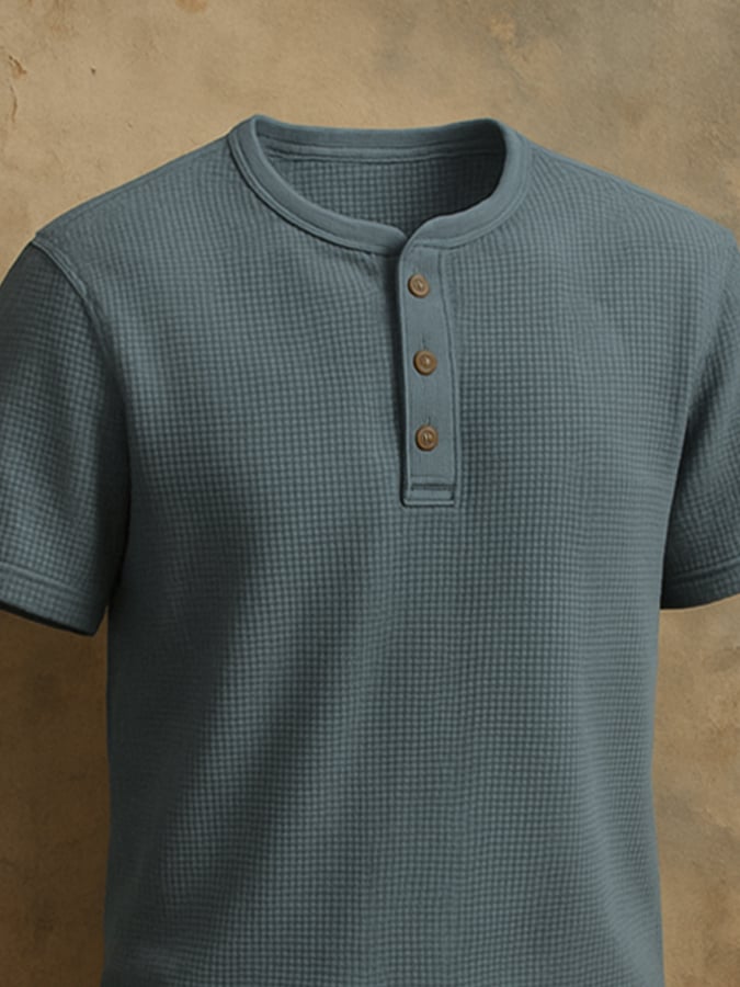 Men's casual waffle henley t-shirt, short sleeve