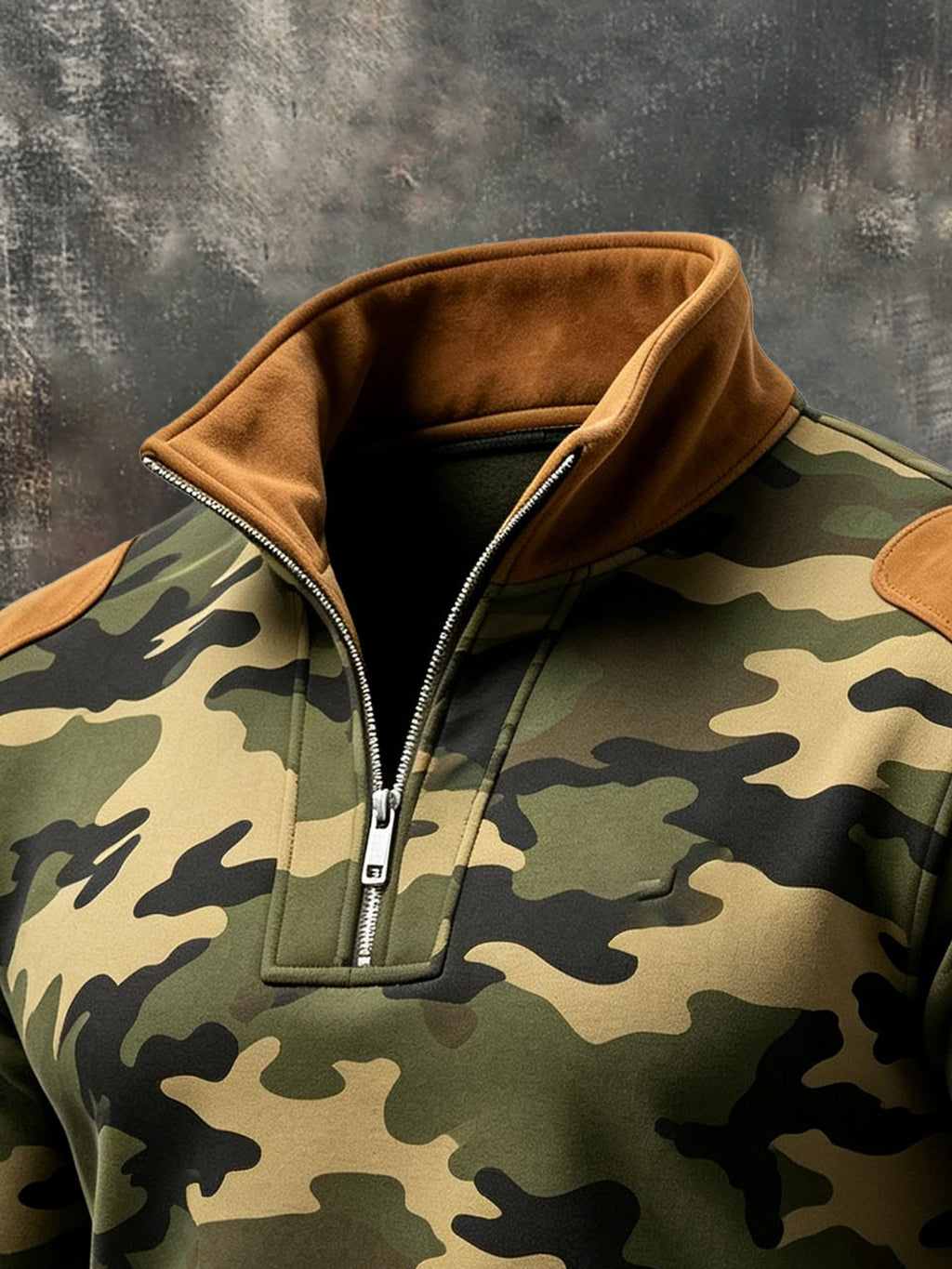 Men's Retro Camouflage-Panel Faux Suede Zip-Up Sweatshirt