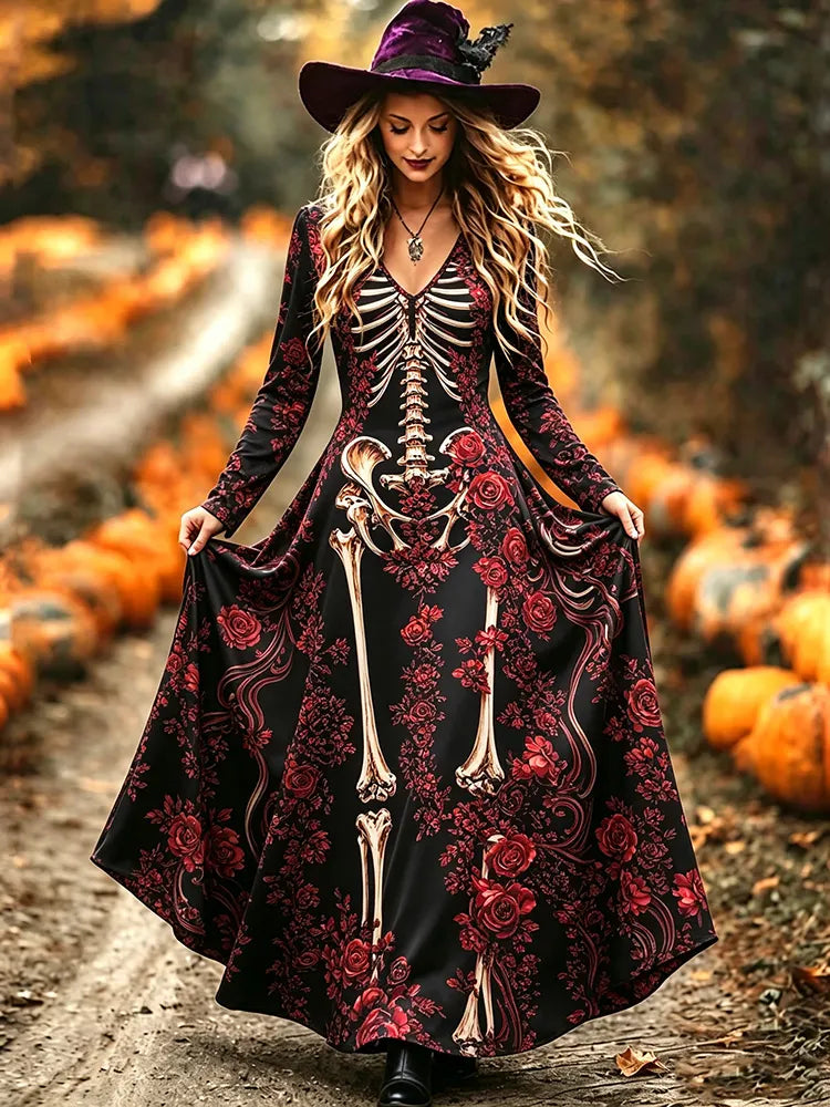 Women's Floral Skeleton Print Halloween V-neck Long Sleeve Dress