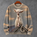 Men's Retro Cat Print Crew Neck Cozy Knit Sweater