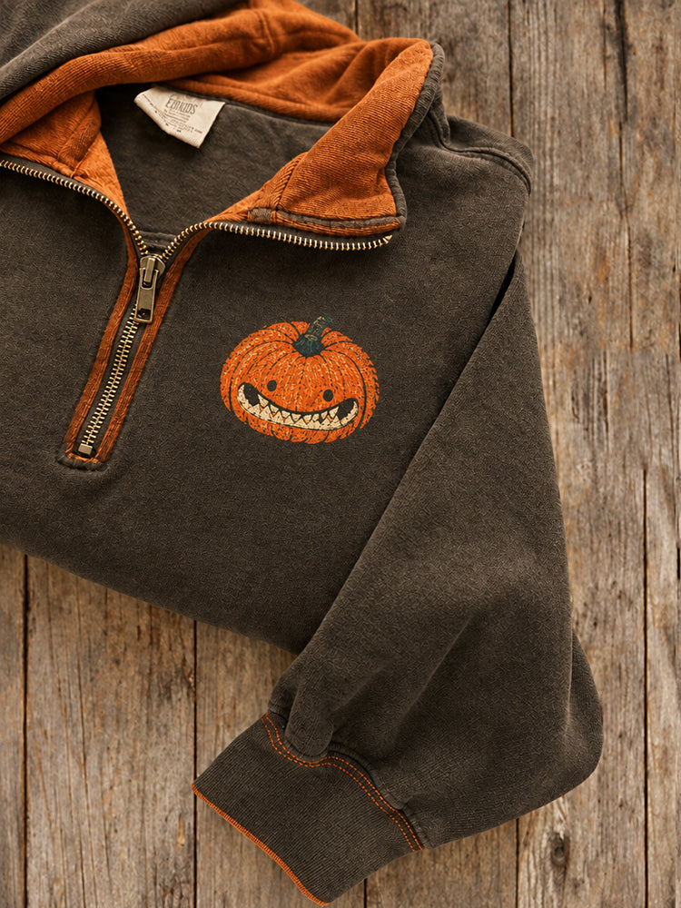 Women's Fun Baring Teeth Pumpkin Print Zipper Sweatshirt