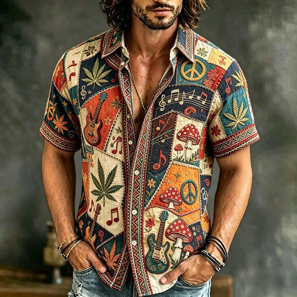 Men's Rock Guitar Mushroom Collage Art Print Short Sleeve Buttons Shirt