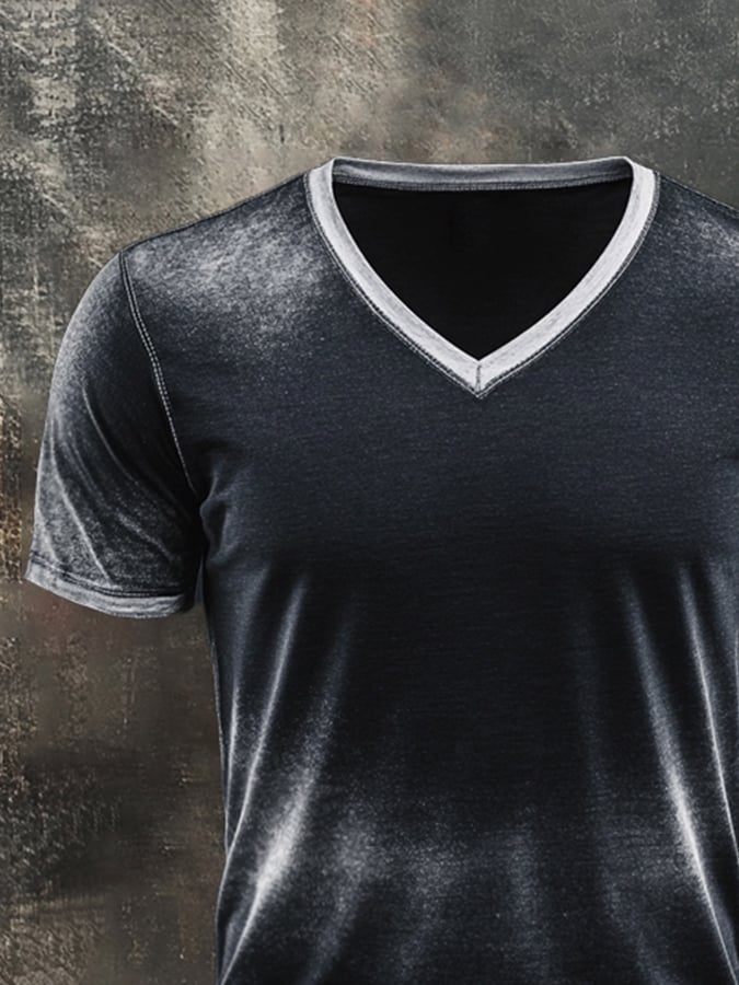 Men's V-neck T-shirt with washed seams in contrast color in retro style