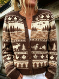 Women's Vintage Moose And Maple Leaf Jacquard-knit Icelandic-style Cardigan