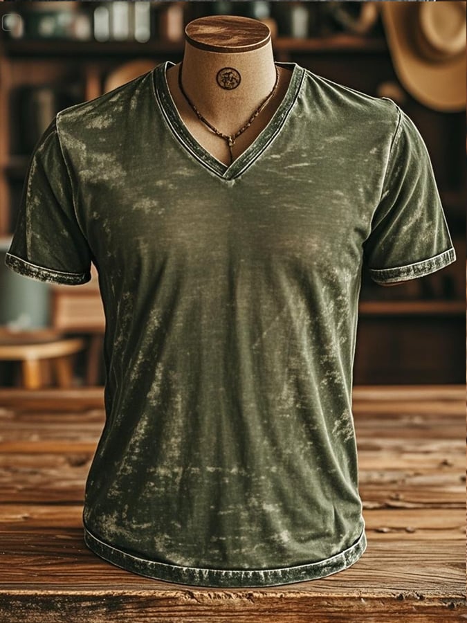 Men's Vintage Distressed Washed Enzyme Washed V-Neck Short Sleeve T-Shirt