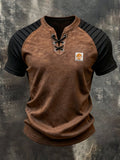 Men's Retro Color-Block Lace-Up Short-Sleeve T-Shirt