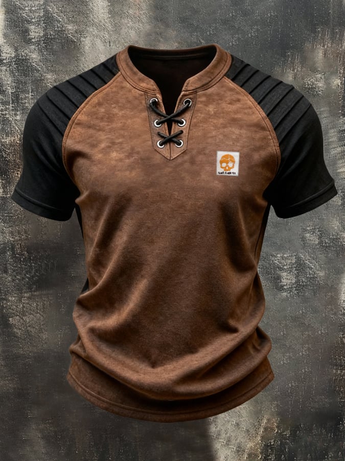Men's Retro Color-Block Lace-Up Short-Sleeve T-Shirt