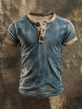 Men's casual retro wash colorblock Henley T-shirt