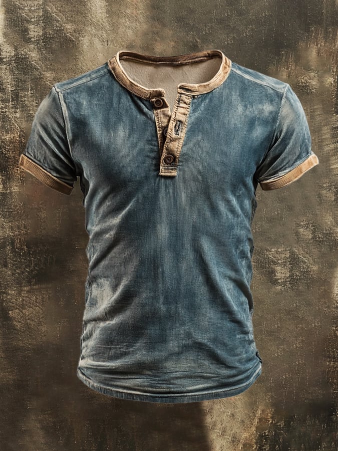 Men's casual retro wash colorblock Henley T-shirt
