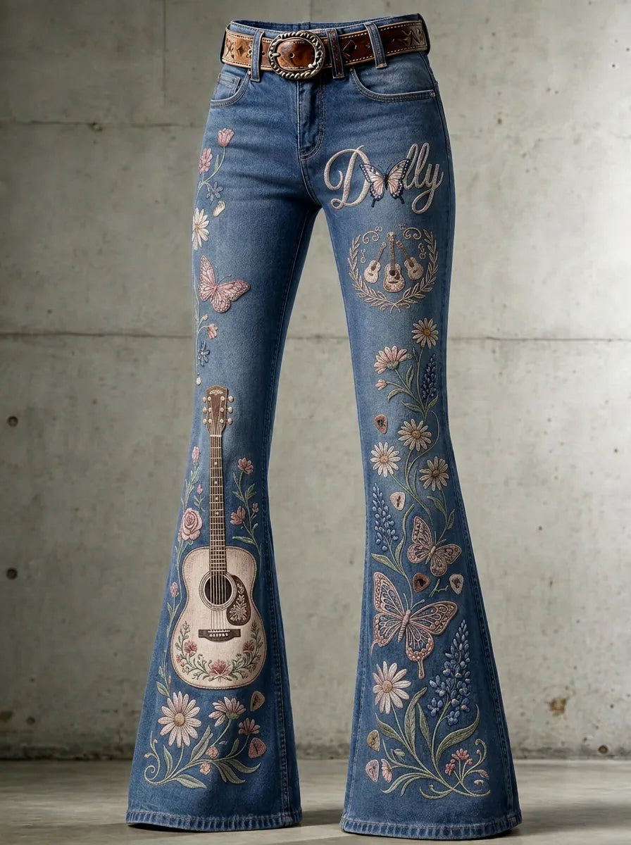 Women's Dolly Parton Guitar Butterfly Floral Printed Flare Jeans