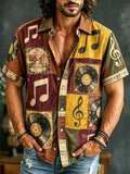 Men's Vinyl Record Music Notes Pattern Print Short Sleeve Buttons Shirt