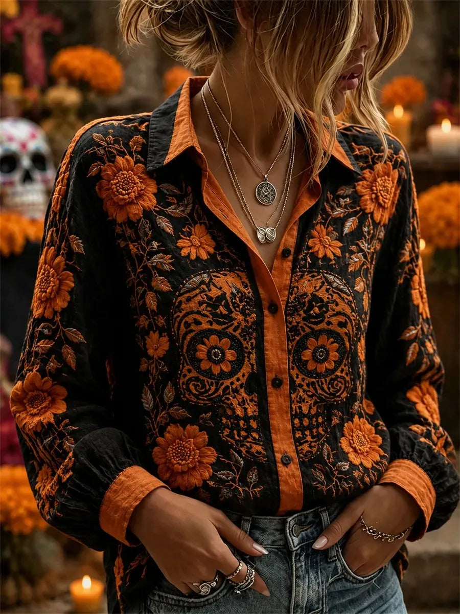 Women's Day Of The Dead Sugar Skull Marigold Floral Print Long Sleeve Shirt