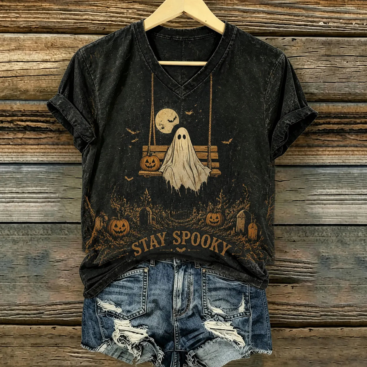 Women's Retro Halloween Theme Ghost Print T-shirt