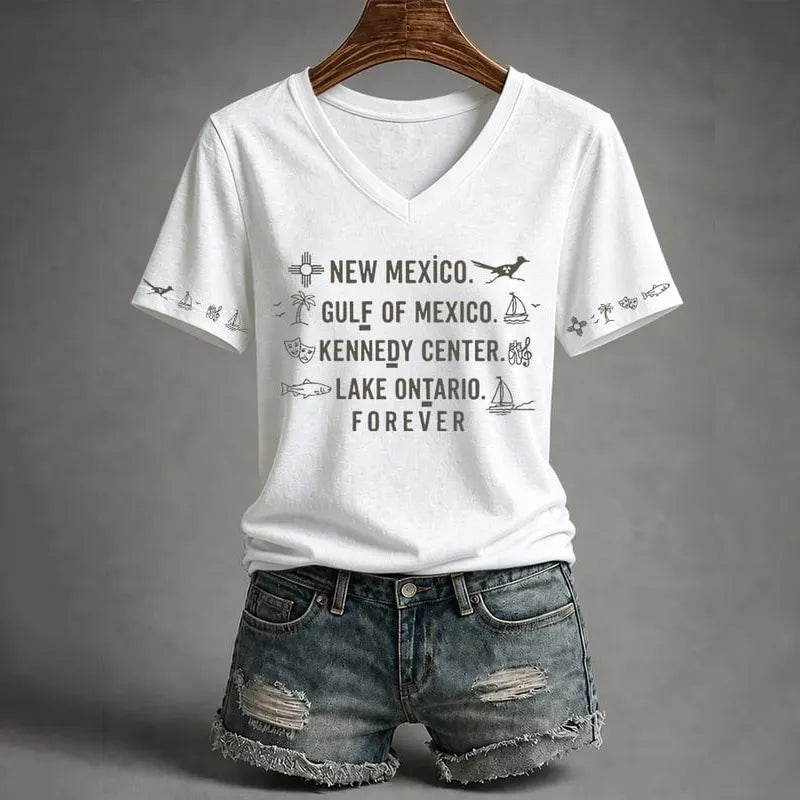 V-neck Retro New Mexico, Gulf Of Mexico, Kennedy Center, Lake Ontario, Forever Fdt Print T-shirt