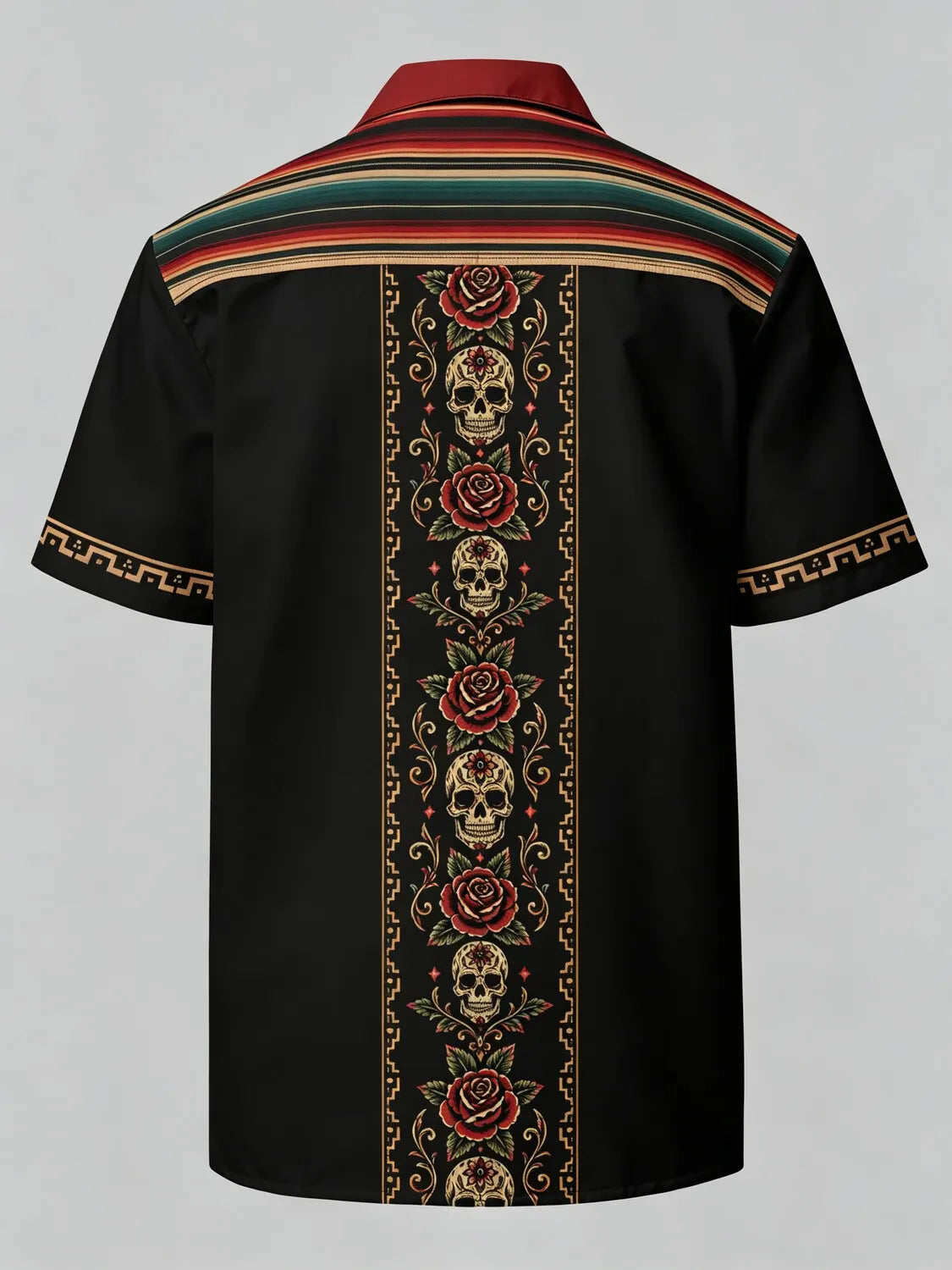 Men's Day Of The Dead Aztec Skull Eagle Totem Print Cuban Collar Short Sleeve Shirt