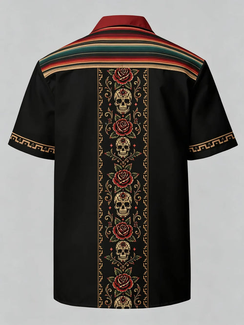 Men's Day Of The Dead Aztec Skull Eagle Totem Print Cuban Collar Short Sleeve Shirt