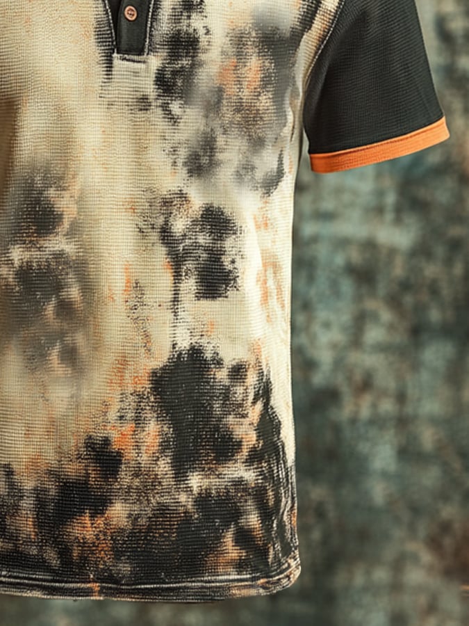 Men's vintage-look color-block print short-sleeved Henley T-shirt
