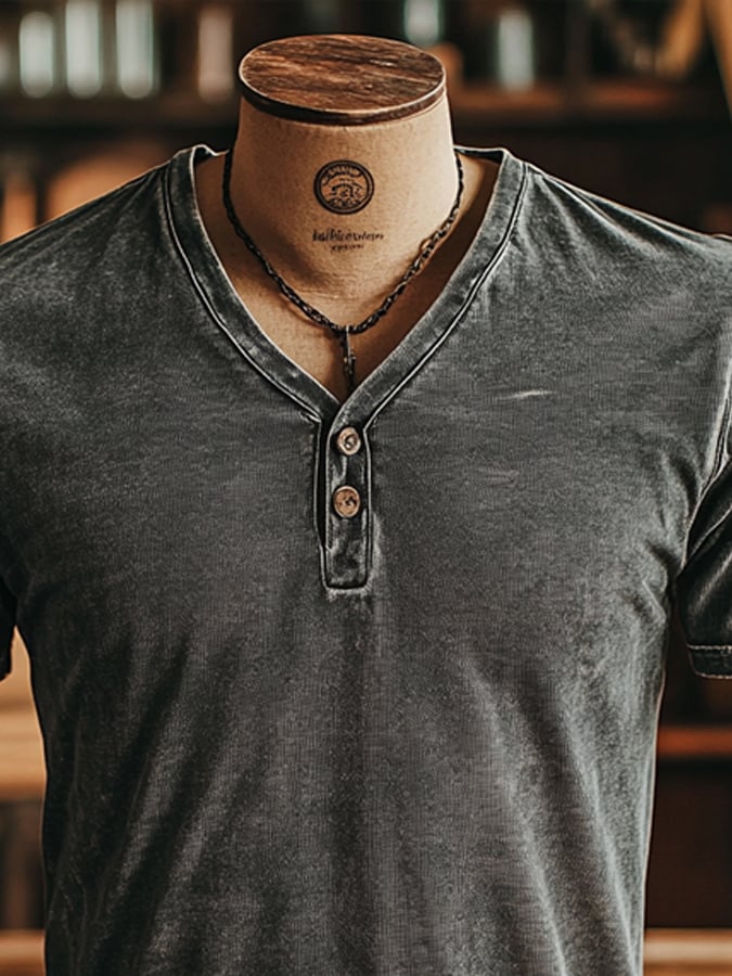 Men's vintage style classic washed leather V-neck button-front short-sleeved T-shirt