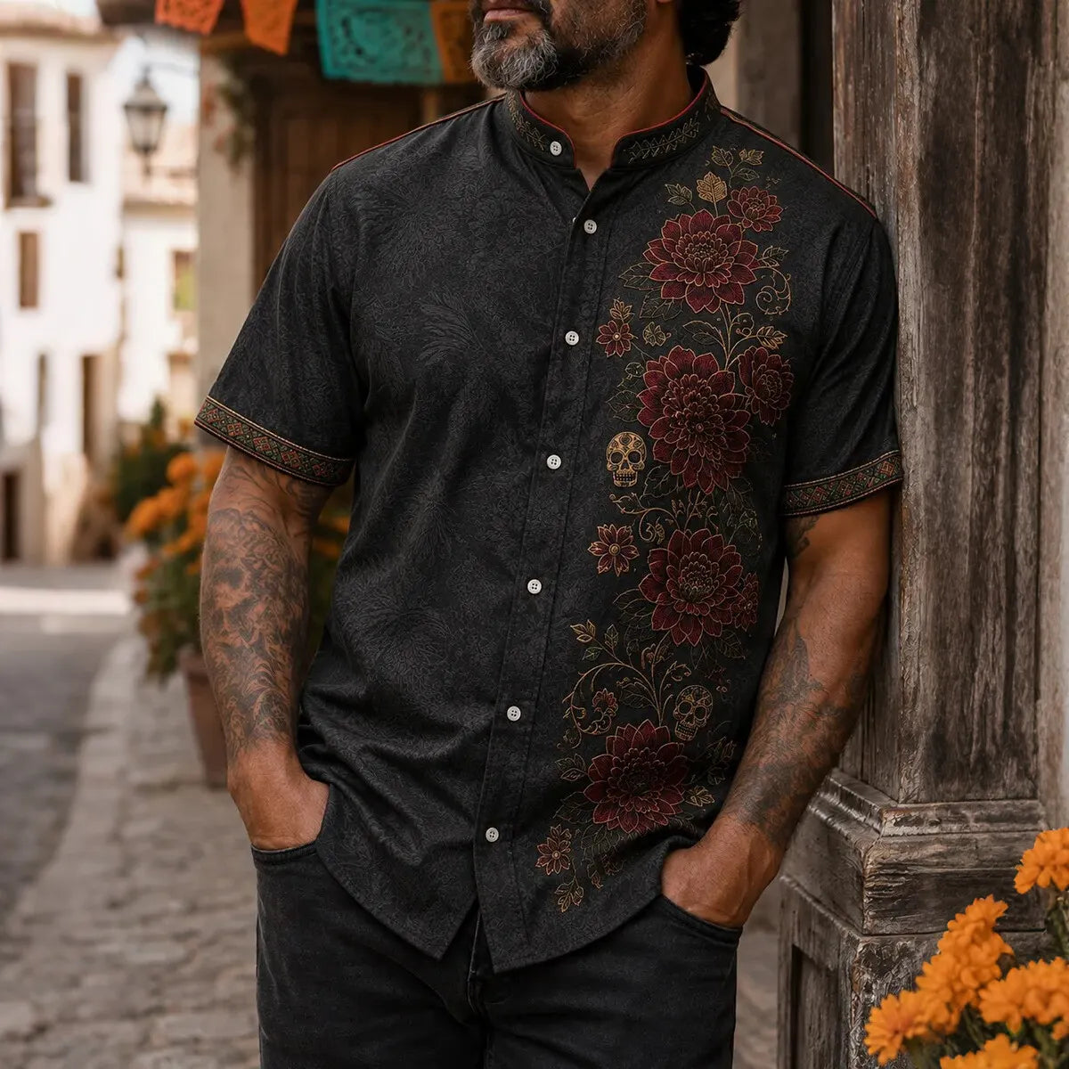 Men's Blooms And Tiny Sugar Skulls Day of the Dead Print Stand Collar Short Sleeve Shirt