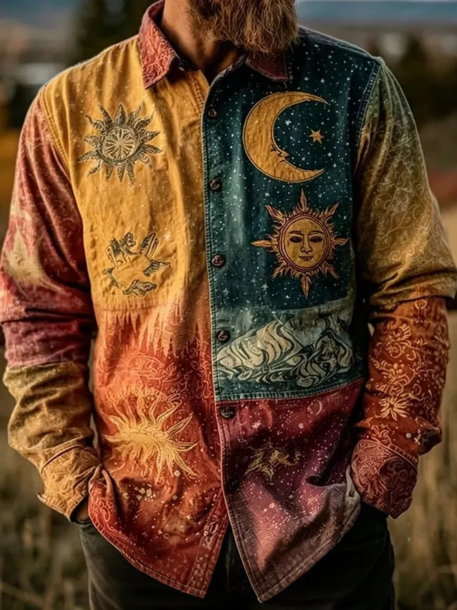 Men's Bohemian Celestial Patchwork Print Long Sleeve Shirt