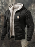 Men'S Retro Fleece-Lined Thermal Color-Block Hooded Jacket With Textured Cable-Knit Detail