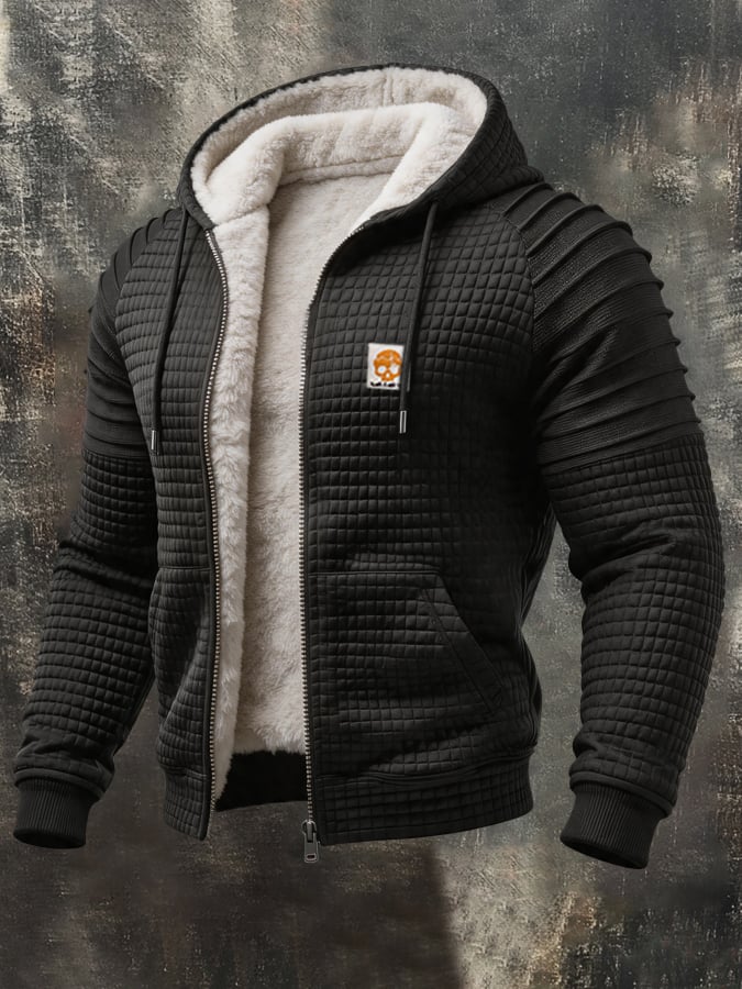 Men'S Retro Fleece-Lined Thermal Color-Block Hooded Jacket With Textured Cable-Knit Detail